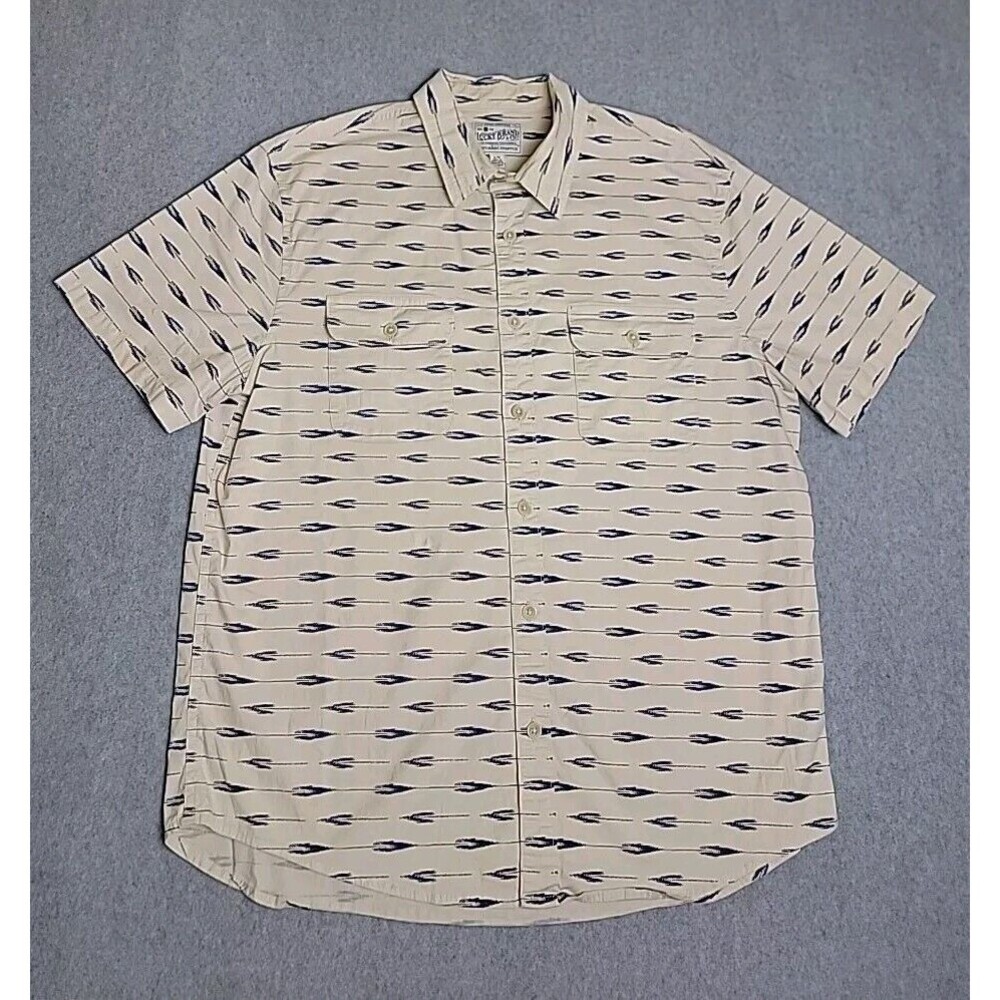 Lucky Brand Pearl Shirt Mens L‎ Cream Blue Feather Saturday Stretch Boho Pockets